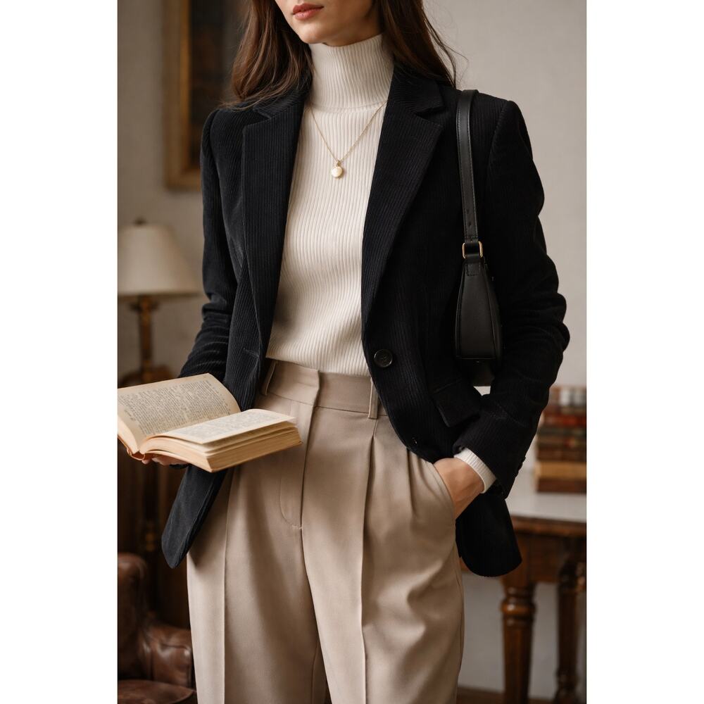 Whistles Black Corduroy Blazer US 6 UK 10 Tailored Dark Academia OfficeChic NWOT